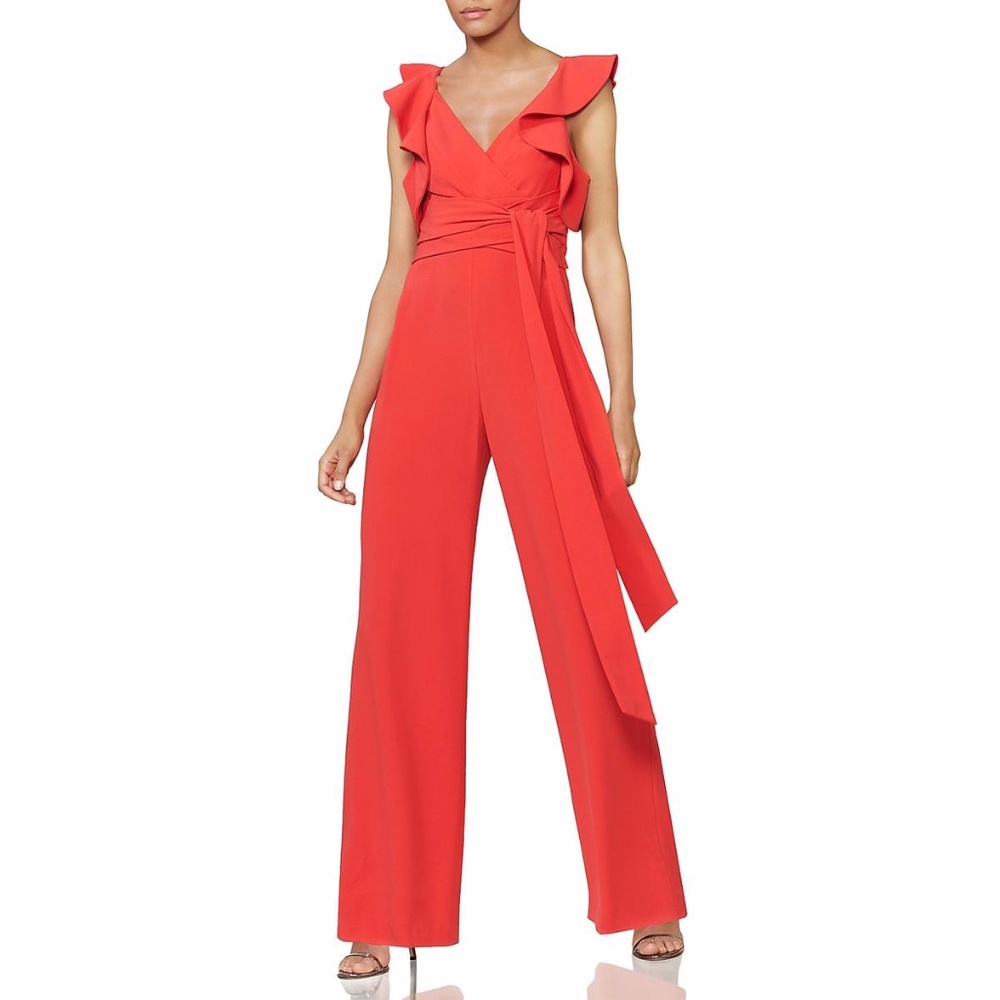 HALSTON HERITAGE Cold Shoulder Ruffled Jumpsuit - Picture 1 of 7